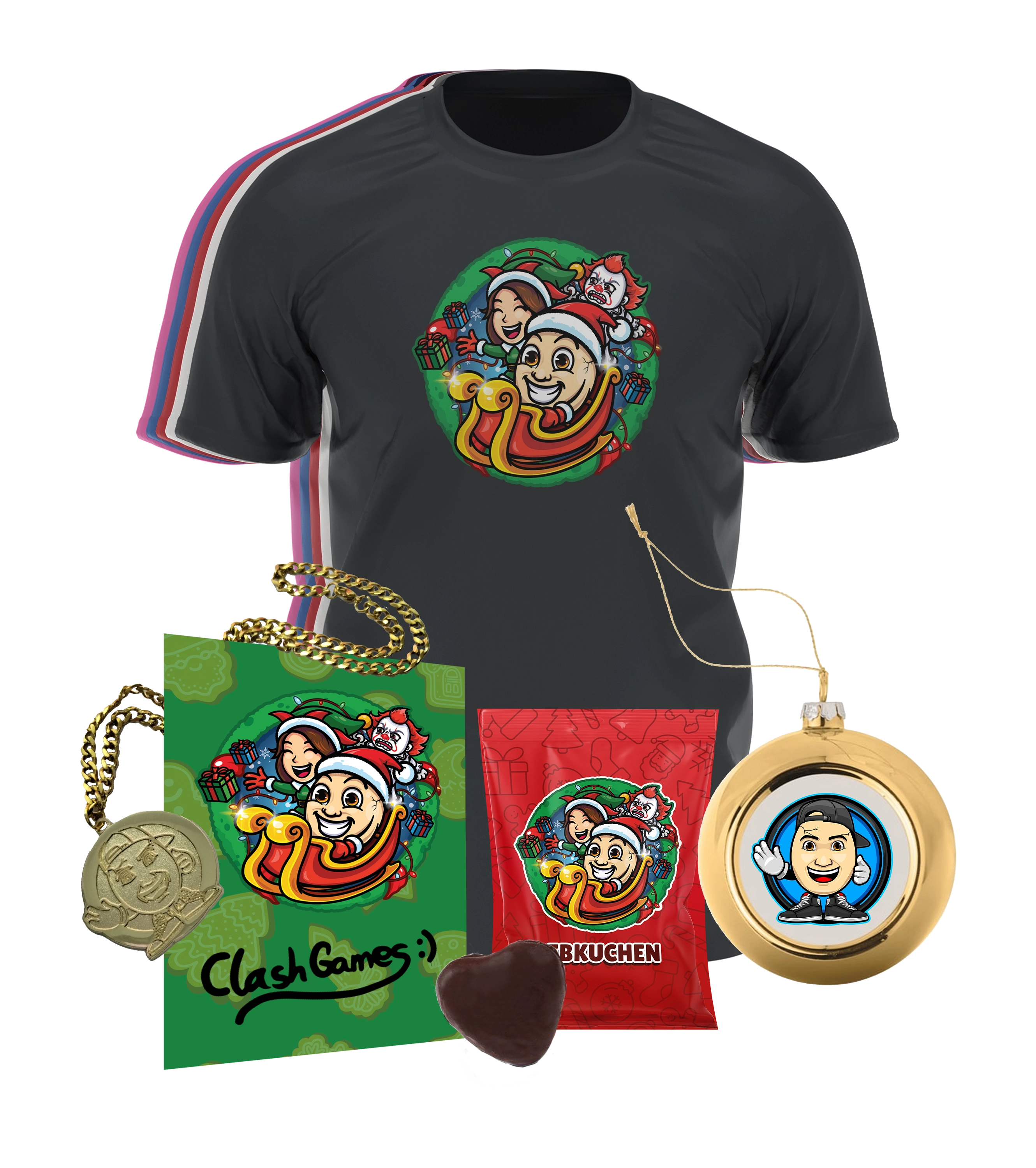 ClashGames #EIERKOPF Weihnachts Bundle - T-Shirt + Goldkette + Weihnachtskugel + Lebkuchen + Autogrammkarte