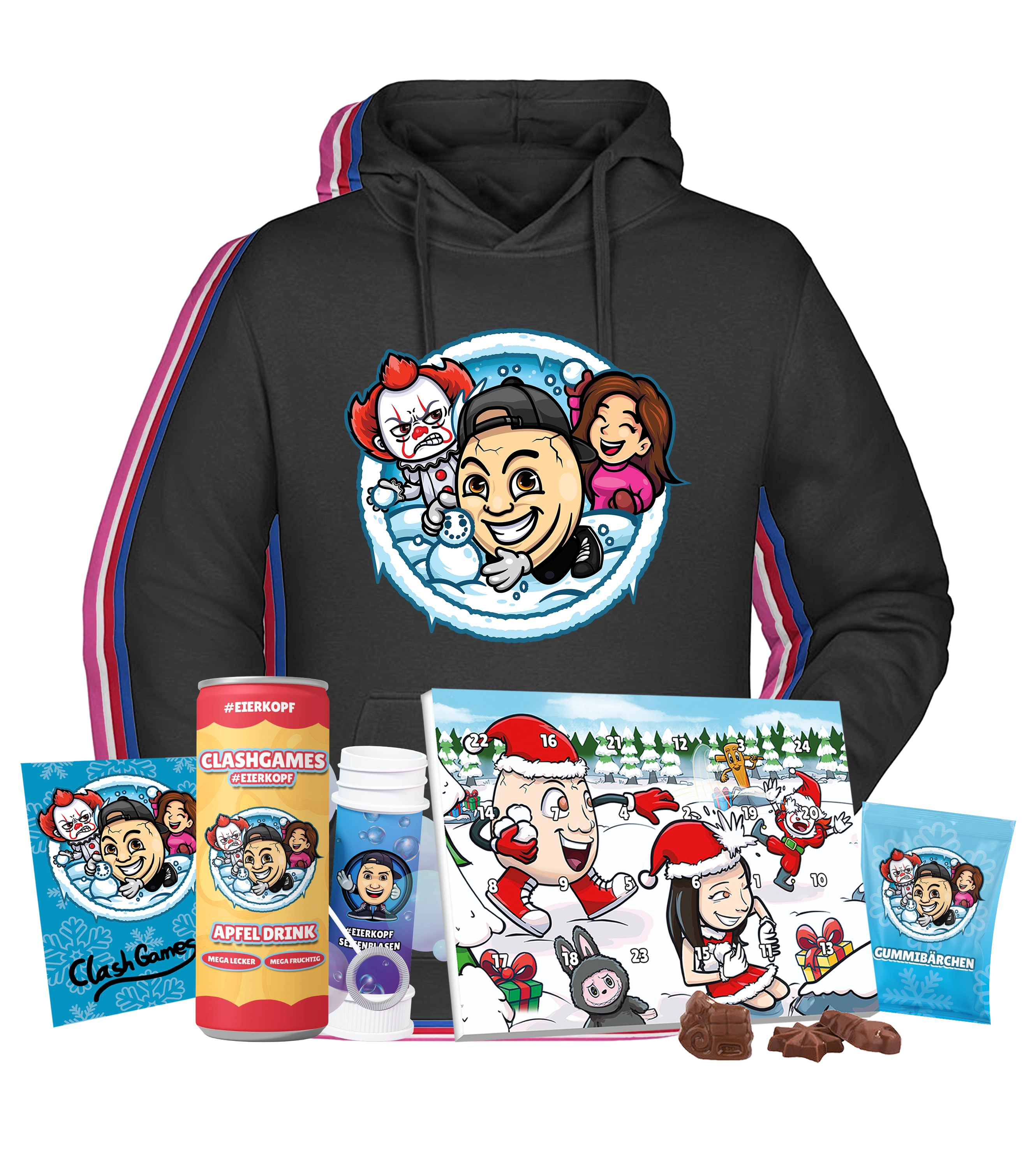 ClashGames #EIERKOPF Adventskalender Bundle - Hoodie + Adventskalender + Apfel Drink + Gummibärchen + Seifenblasen + Autogrammkarte
