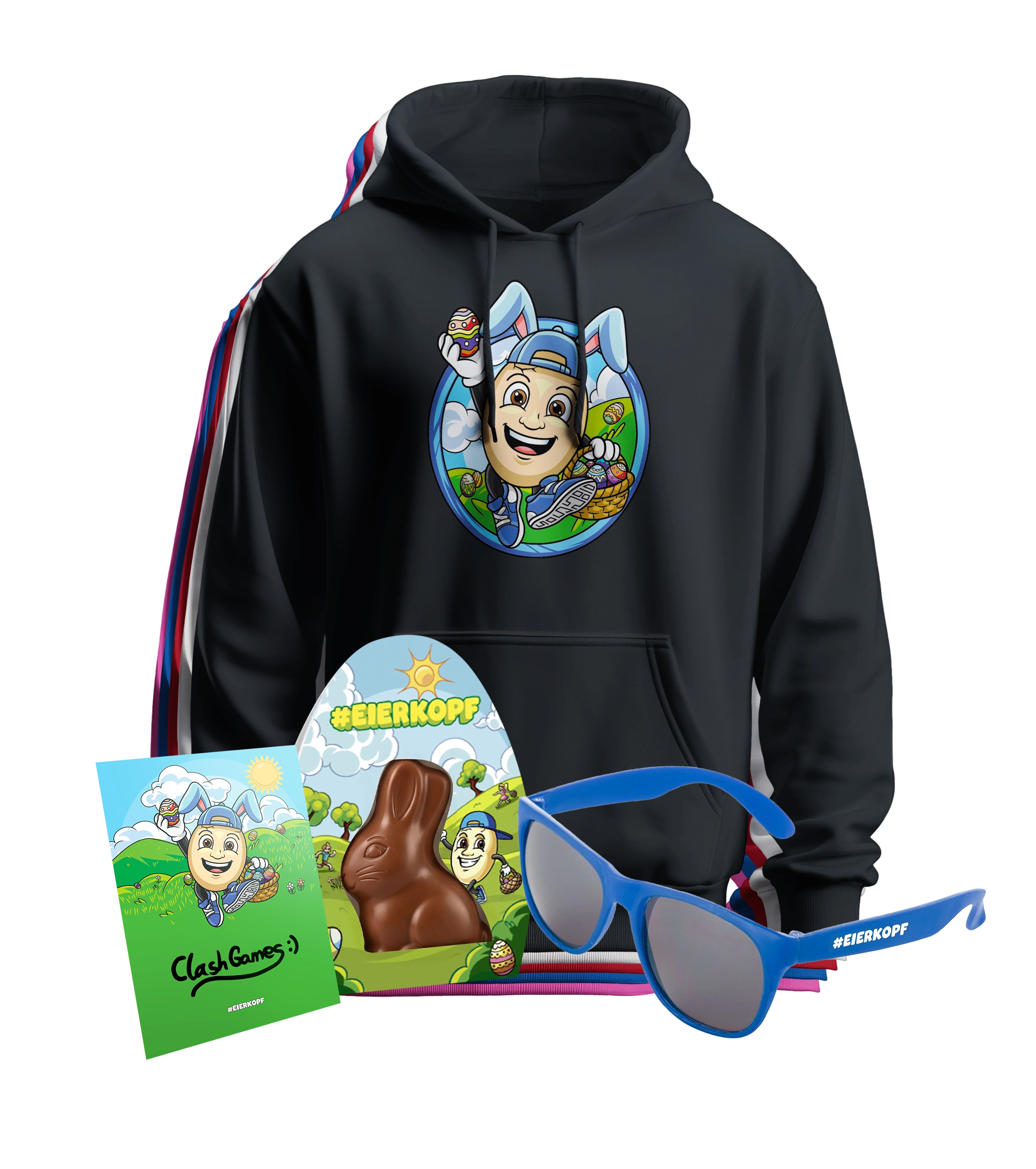 ClashGames #EIERKOPF Oster Bundle - Hoodie + Sonnenbrille + Schoko Osterhase + handsignierte Autogrammkarte