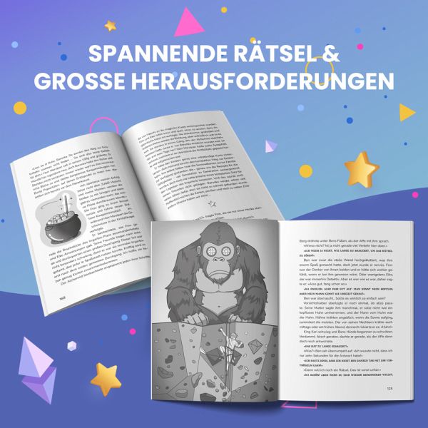 Zwei geöffnete Buchseiten aus dem ClashGames-Abenteuer „Eierkopf – Spaßstadt in Gefahr“. Eine Doppelseite zeigt ein großes Rätsel mit Zaubertrank, die andere einen furchteinflößenden Gorilla vor einer Kletterwand. Darüber steht: „Spannende Rätsel & große Herausforderungen“. Ideal für junge Leser:innen, die Abenteuer lieben.