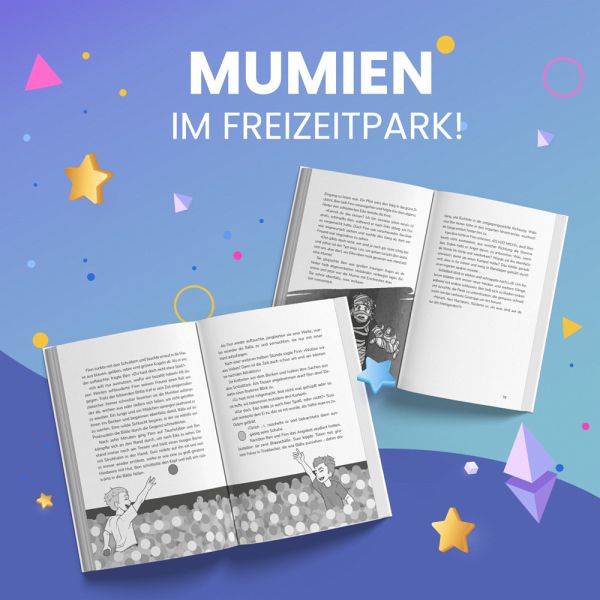 Zwei aufgeschlagene Buchdoppelseiten aus dem Kinderbuch „Eierkopf – Spaßstadt in Gefahr“ von ClashGames. In einer Szene erscheinen Mumien im Freizeitpark, während Kinder im Publikum erstaunt reagieren. Darüber steht: „Mumien im Freizeitpark!“. Ein spannender Moment für junge Leser:innen voller Action und Fantasie.