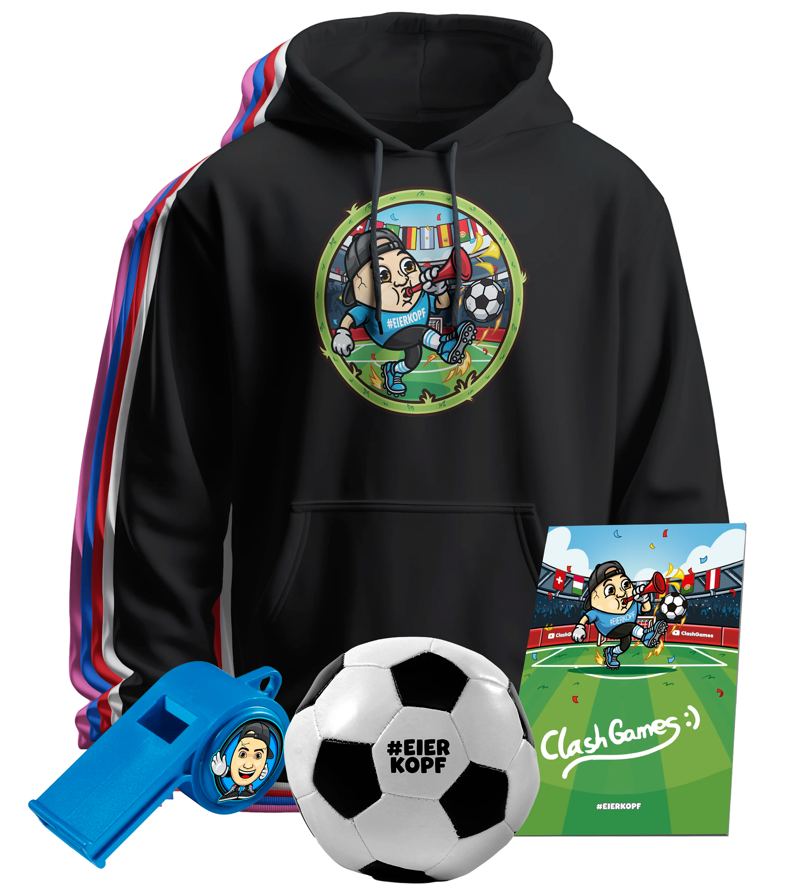 ClashGames #EIERKOPF Fußball Bundle 2026 Hoodie + Fußball (soft) + Trillerpfeife + Autogrammkarte