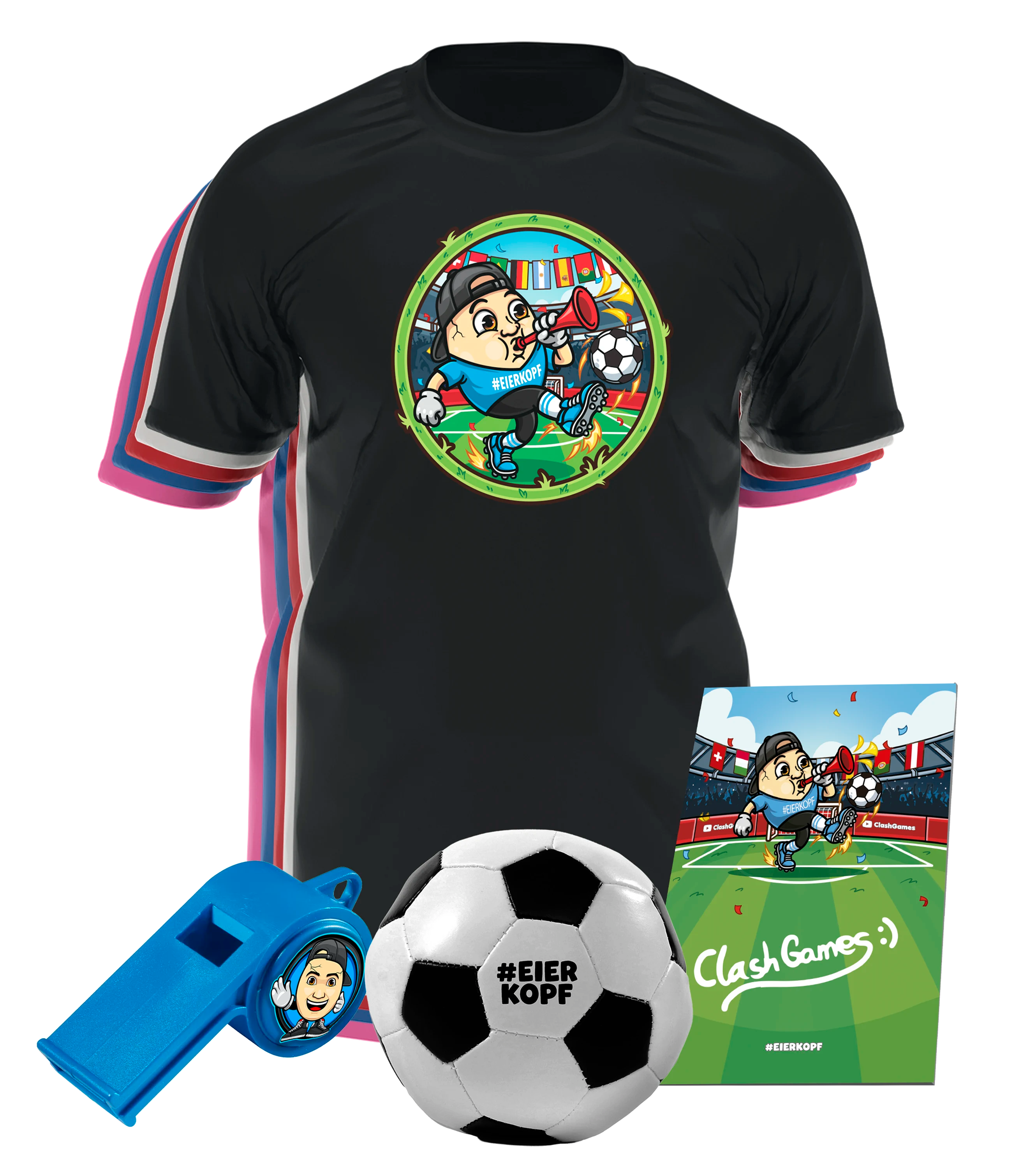 ClashGames #EIERKOPF Fußball Bundle 2026 T-Shirt + Fußball (soft) + Trillerpfeife + Autogrammkarte