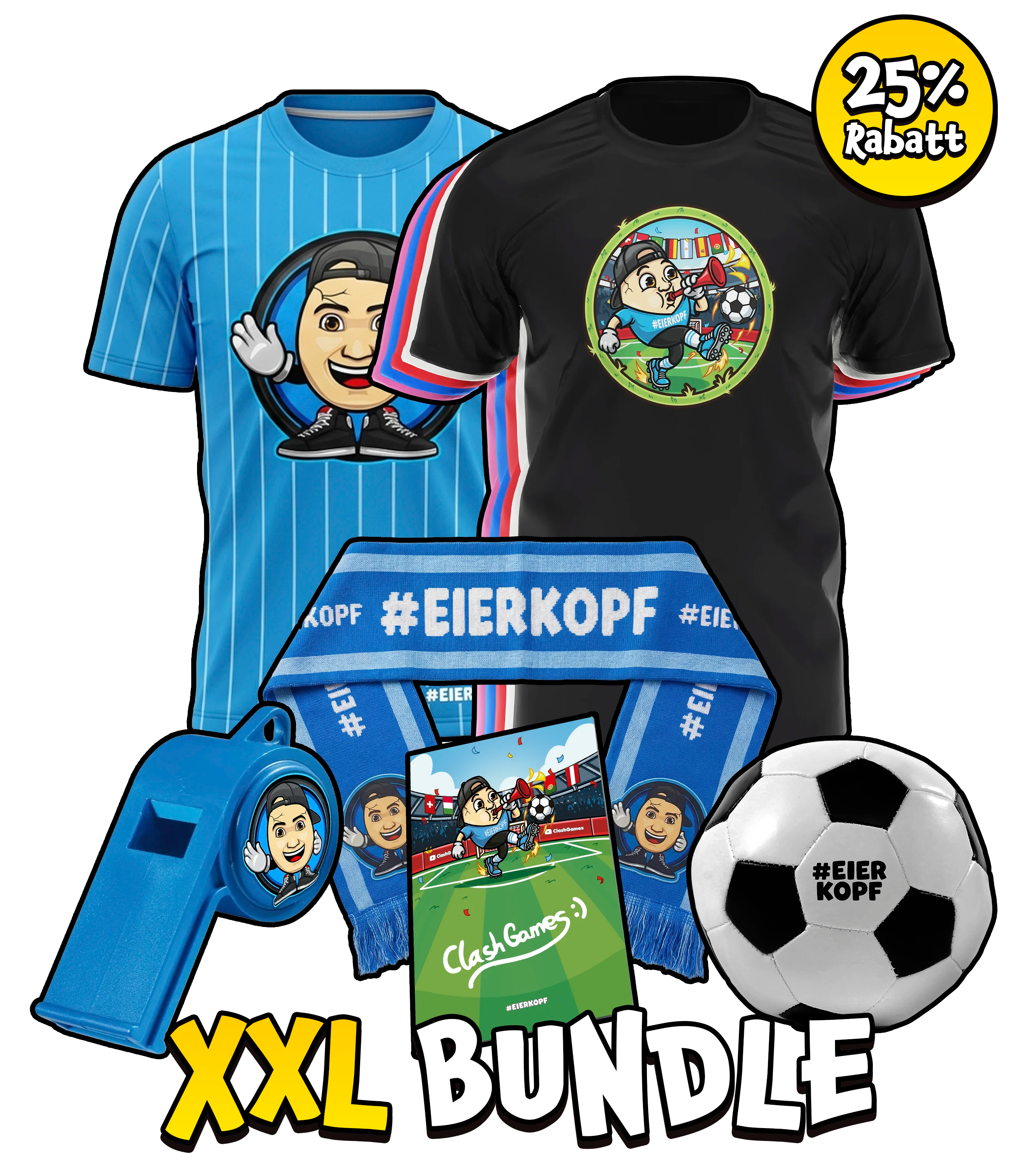 ClashGames #EIERKOPF XXL Fußball Bundle 2026 - T-Shirt + Trikot + Fanschal + Trillerpfeife + Autogrammkarte