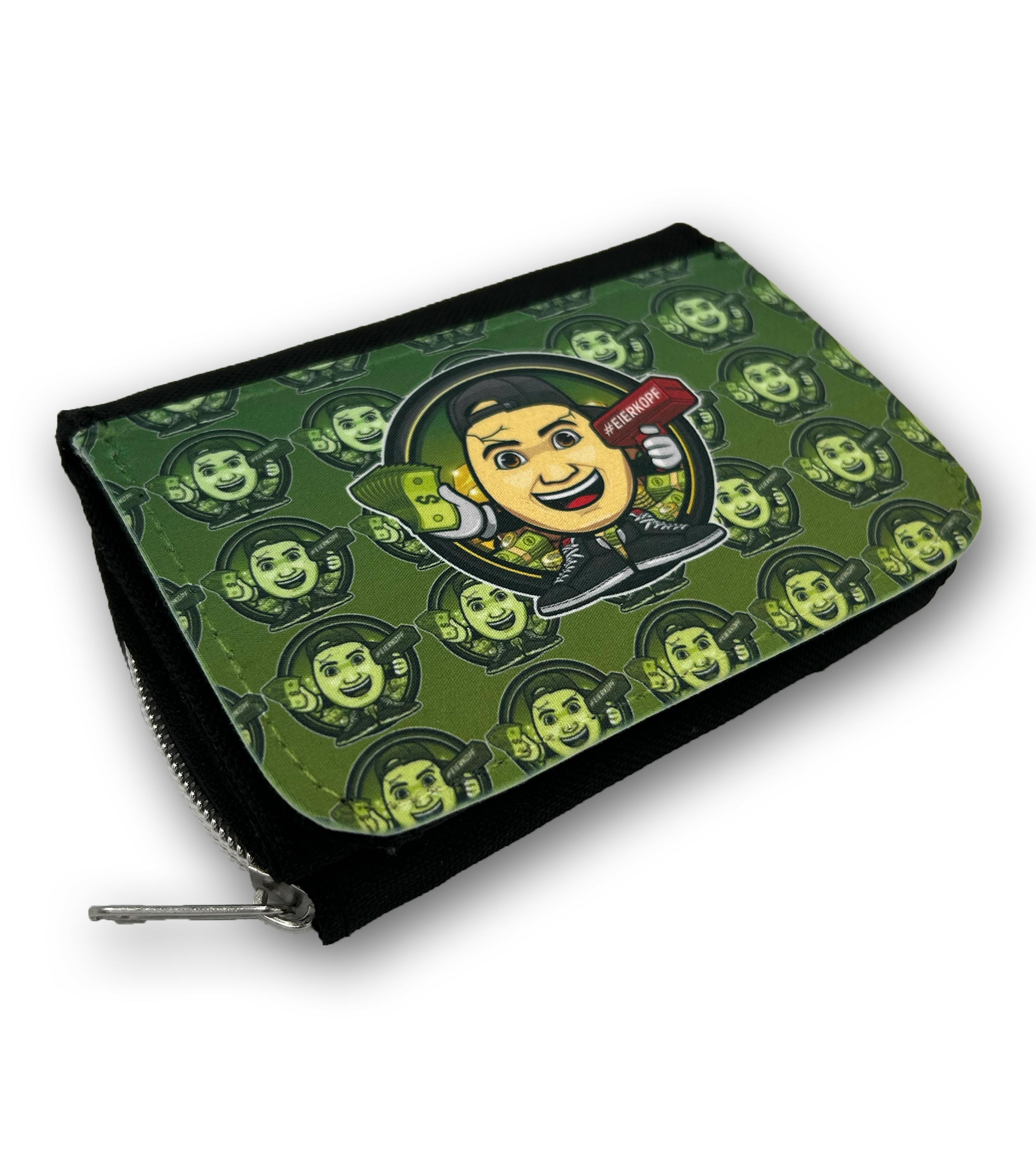 Grüne Geldbörse im ClashGames-Design mit Comicfigur, Geldscheinen und rotem #Ehrenhop-Schild – ein stylisches Accessoire für Fans.
