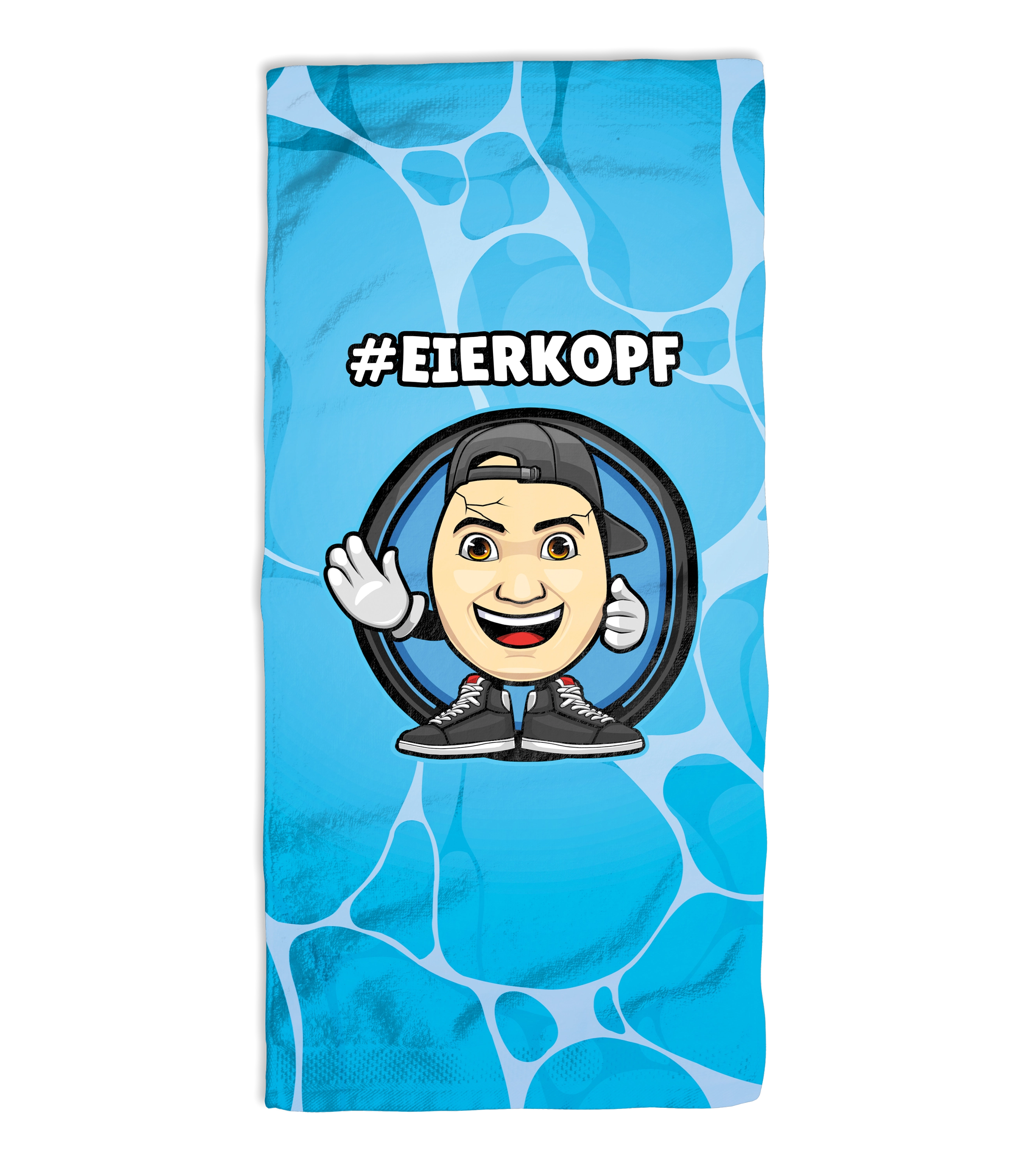 Hellblaues ClashGames-Handtuch mit Pool-Optik, dem Schriftzug #EIERKOPF und einem Comic-Charakter mit Cap und Sneakers – das perfekte Sommer-Accessoire für Fans.