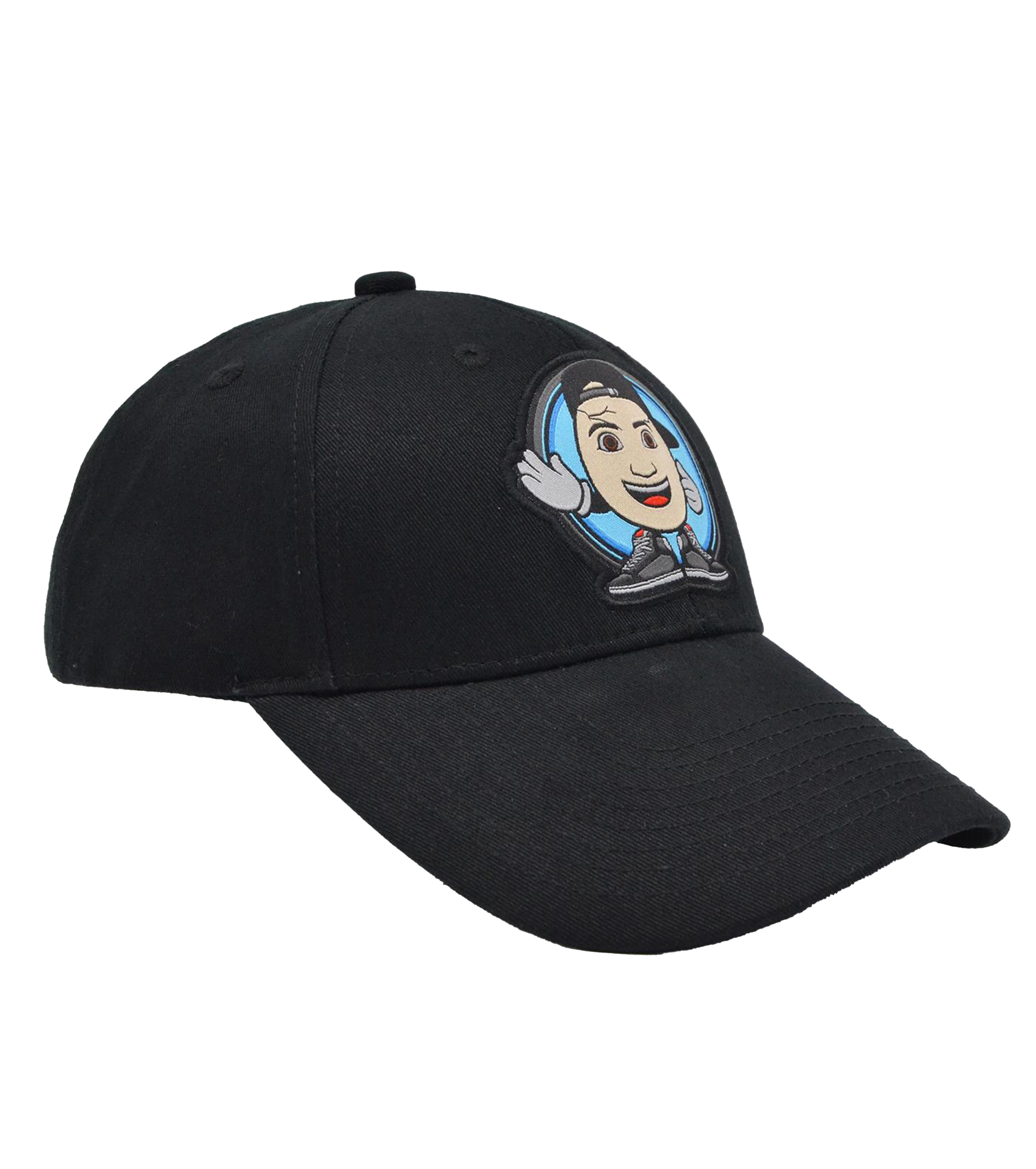 Schwarze Basecap mit ClashGames Cartoon-Logo – rundes Emblem mit fröhlicher Figur, Basecap und Sneakers. Gesticktes Motiv auf der Vorderseite, größenverstellbar und perfekter Fanartikel für Gamer.