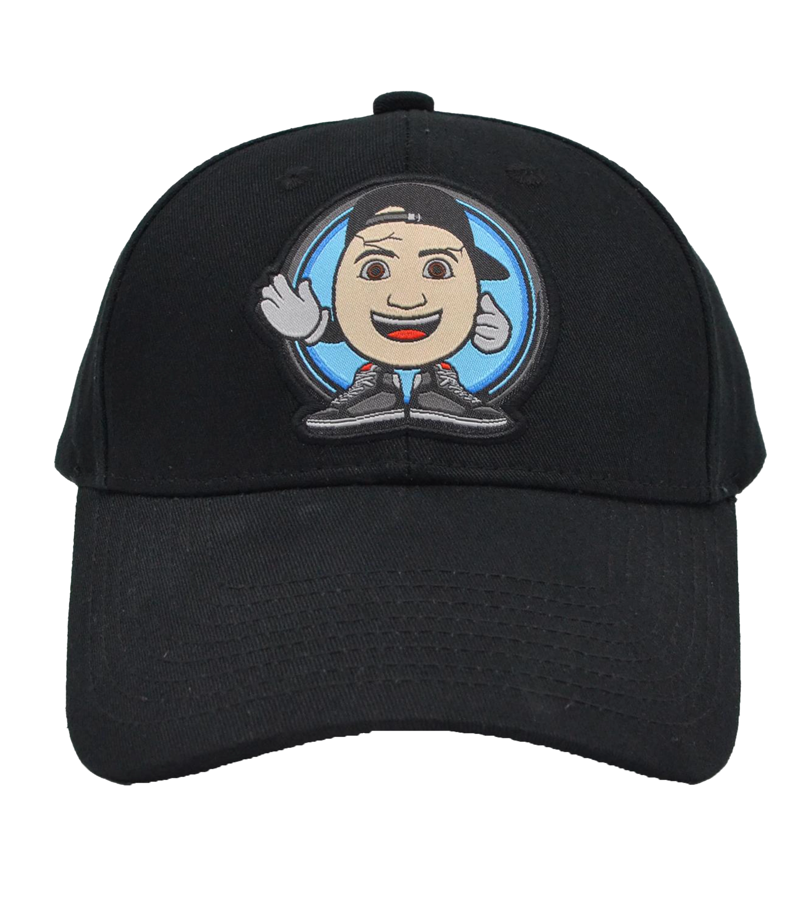 Schwarze Basecap mit frontal platziertem ClashGames Cartoon-Logo – rundes Patch mit lachender Figur, Basecap und Sneakers. Hochwertige Stickerei, verstellbarer Verschluss und perfektes Accessoire für Fans.