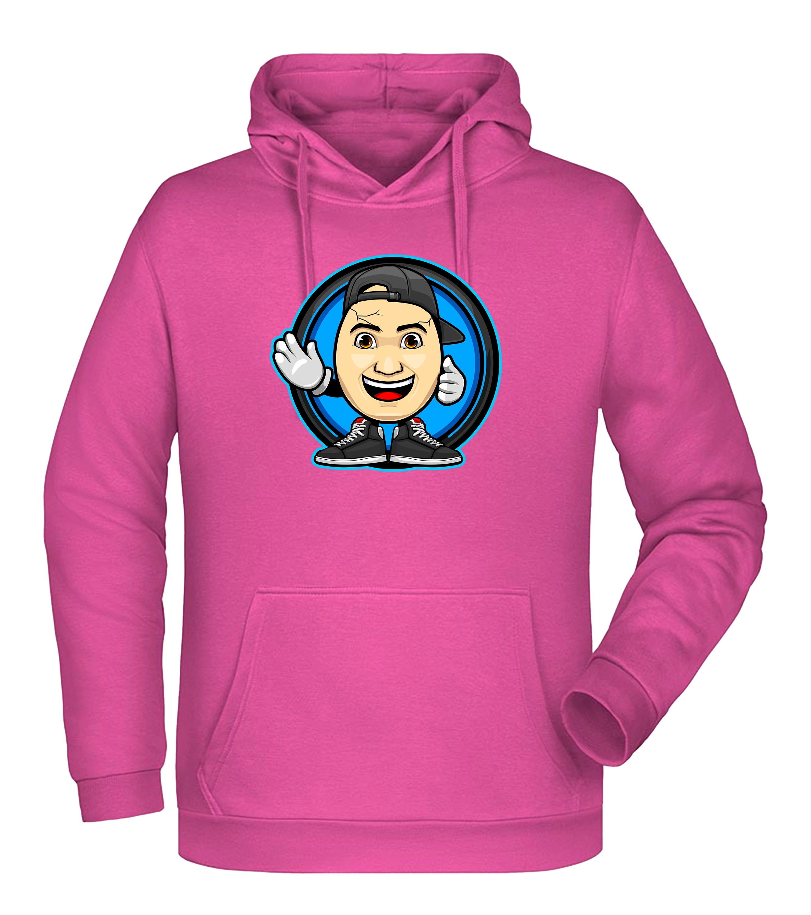Hoodie mit großem Emote-Frontmotiv von ClashGames, Cartoonkopf mit Basecap, Sneakers und Handschuhen vor blauem Kreis.