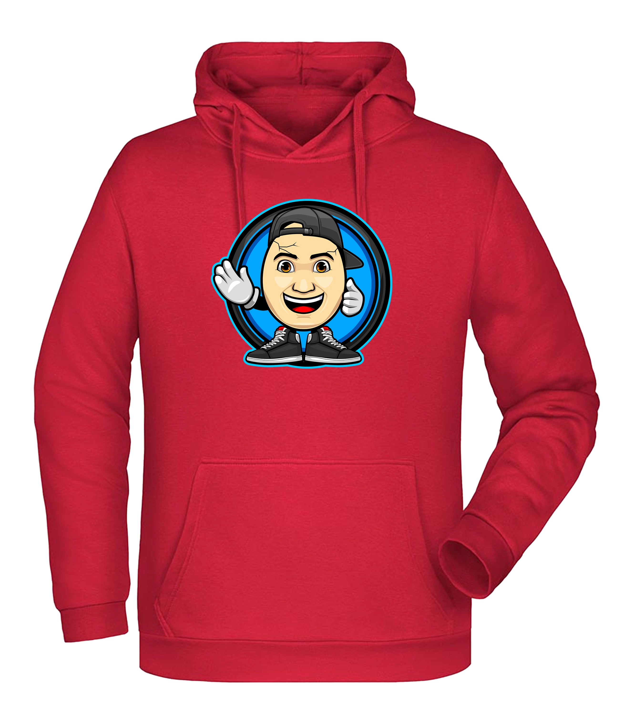 Hoodie mit großem Emote-Frontmotiv von ClashGames, Cartoonkopf mit Basecap, Sneakers und Handschuhen vor blauem Kreis.