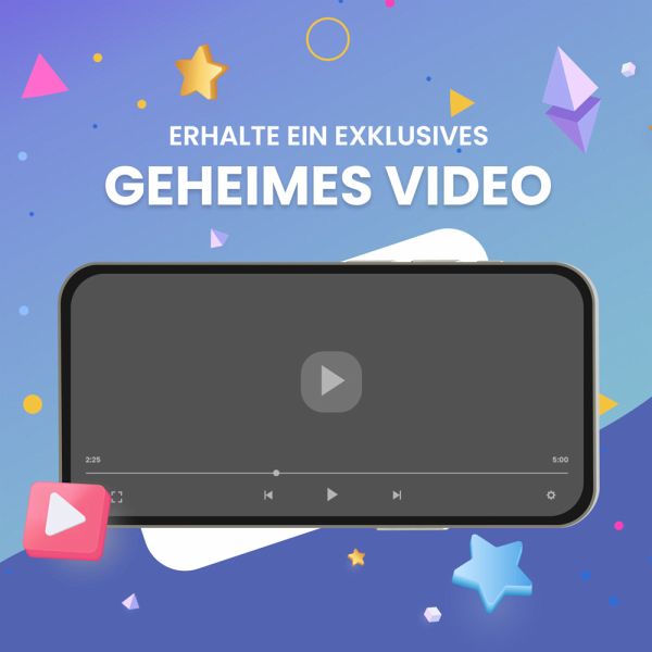 Smartphone mit eingeblendetem Video-Player und Play-Button auf farbenfrohem Hintergrund. Darüber steht in großen Buchstaben: „Erhalte ein exklusives geheimes Video“. Das Bild kündigt ein besonderes Extra zum „Eierkopf“-Buch von ClashGames an.
