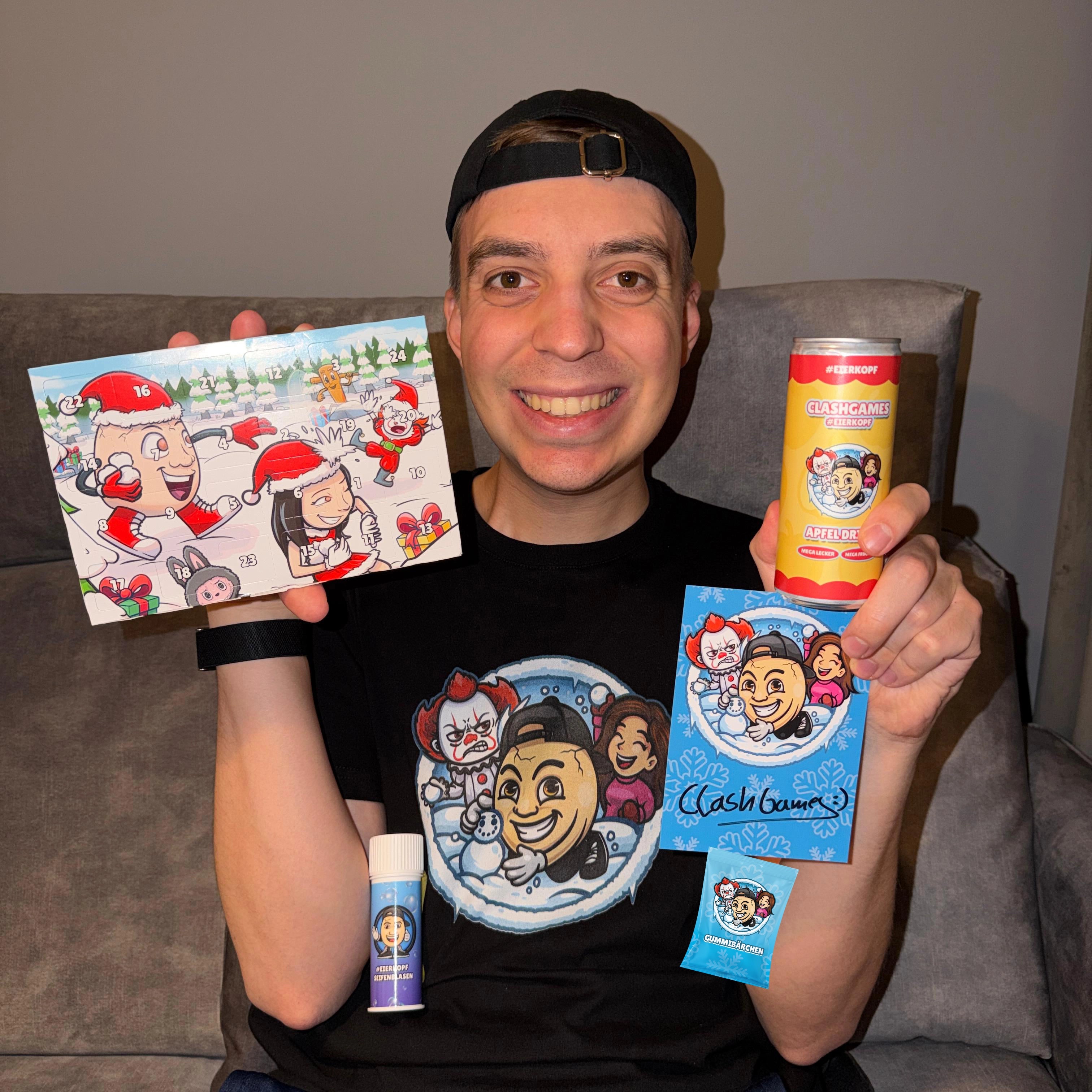 ClashGames #EIERKOPF Adventskalender Bundle - T-Shirt + Adventskalender + Apfel Drink + Gummibärchen + Seifenblasen + Autogrammkarte