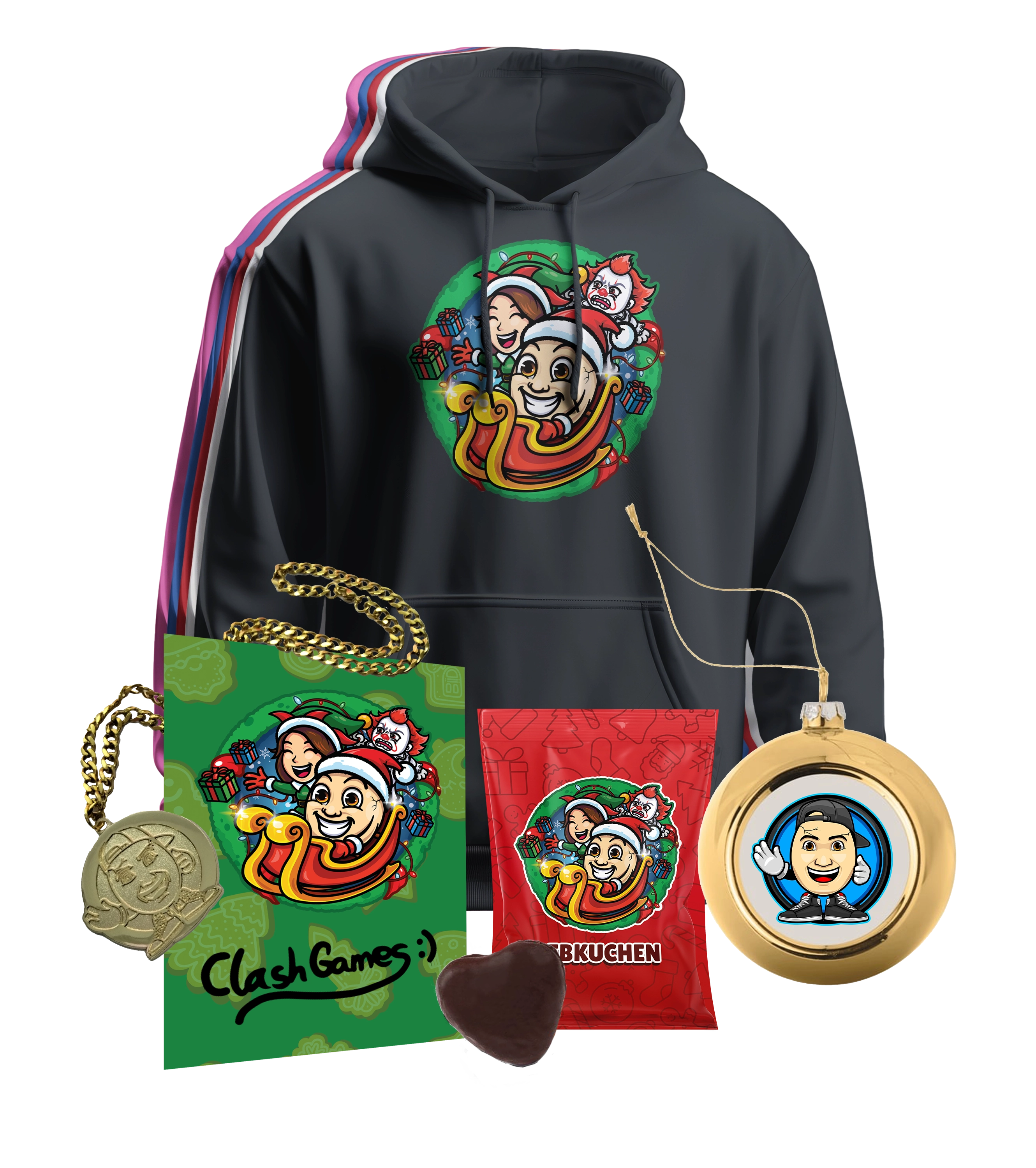 ClashGames #EIERKOPF Weihnachts Bundle - Hoodie + Goldkette + Weihnachtskugel + Lebkuchen + Autogrammkarte