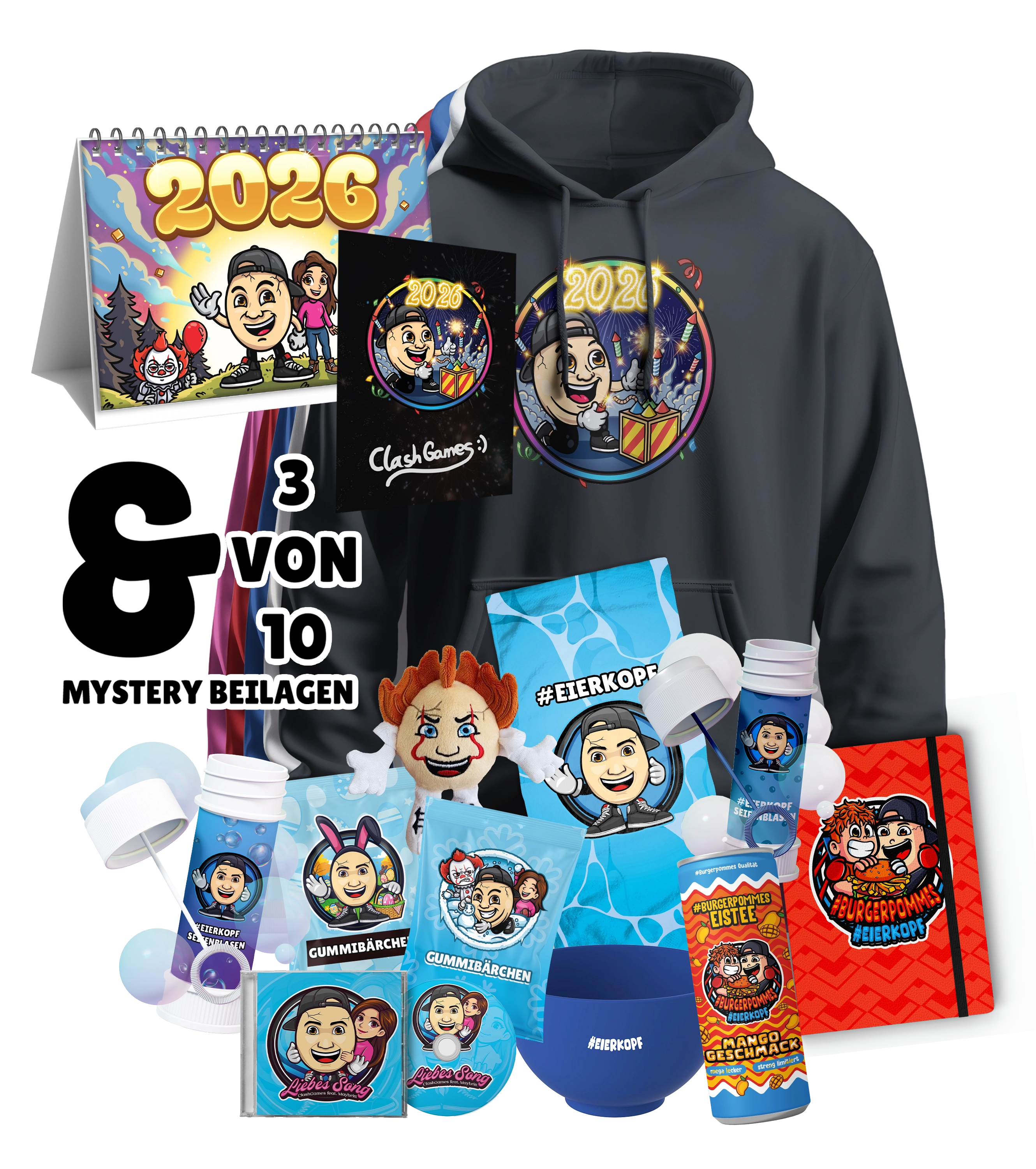 ClashGames #EIERKOPF Silvester Bundle - Hoodie + Jahreskalender + 3 Zufällige Beilagen + Autogrammkarte