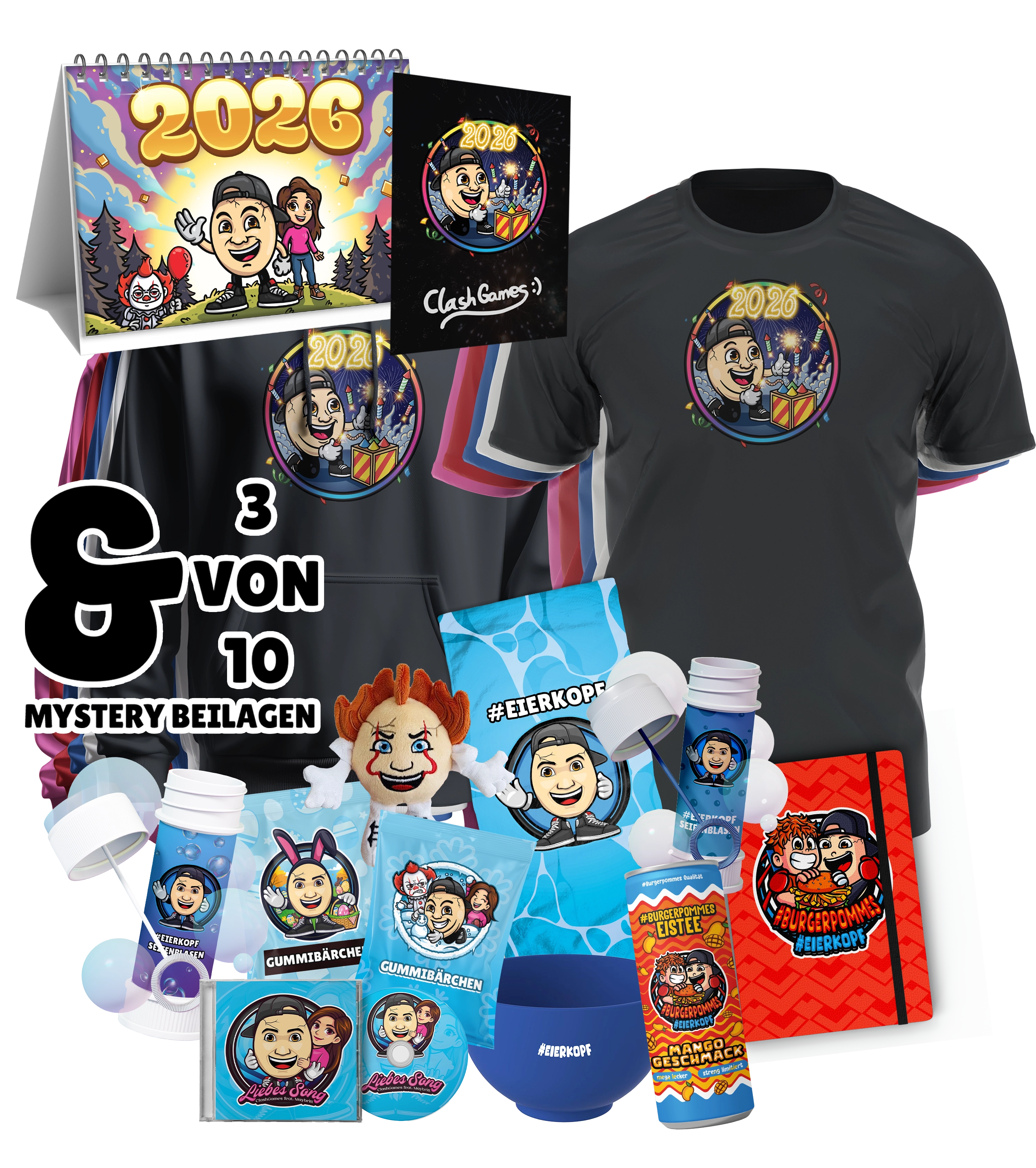 ClashGames #EIERKOPF Silvester Bundle - T-Shirt + Jahreskalender + 3 Zufällige Beilagen + Autogrammkarte