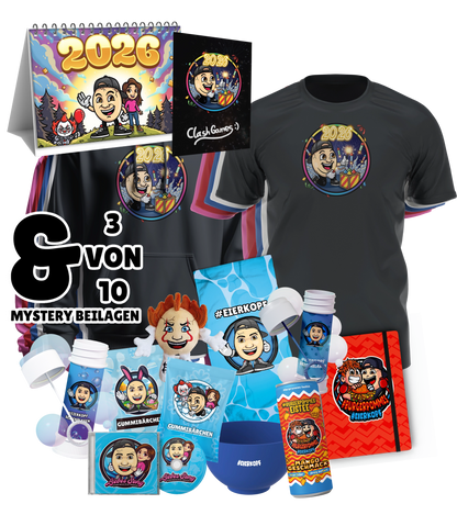 ClashGames #EIERKOPF Silvester Bundle - T-Shirt + Jahreskalender + 3 Zufällige Beilagen + Autogrammkarte