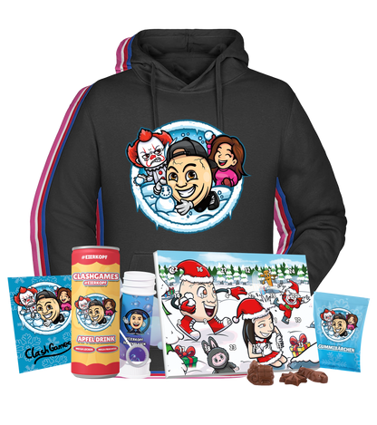 ClashGames #EIERKOPF Adventskalender Bundle - Hoodie + Adventskalender + Apfel Drink + Gummibärchen + Seifenblasen + Autogrammkarte