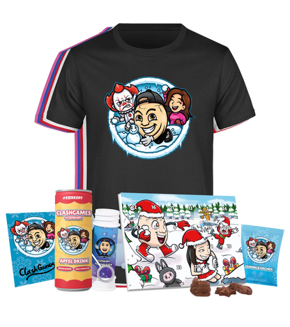 ClashGames #EIERKOPF Adventskalender Bundle - T-Shirt + Adventskalender + Apfel Drink + Gummibärchen + Seifenblasen + Autogrammkarte