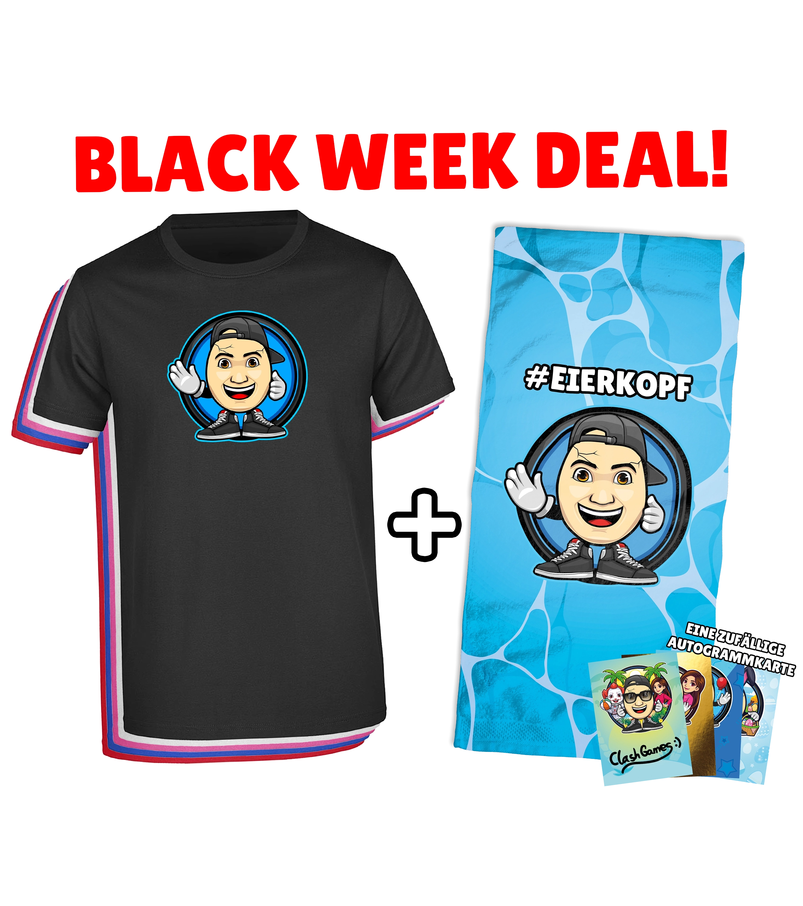 ClashGames BLACK WEEK #EIERKOPF Bundle - T-Shirt + Handtuch + zufällige Autogrammkarte