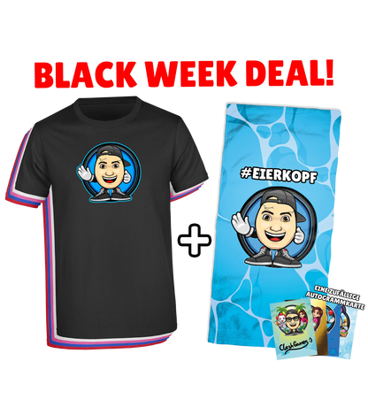 ClashGames BLACK WEEK #EIERKOPF Bundle - T-Shirt + Handtuch + zufällige Autogrammkarte