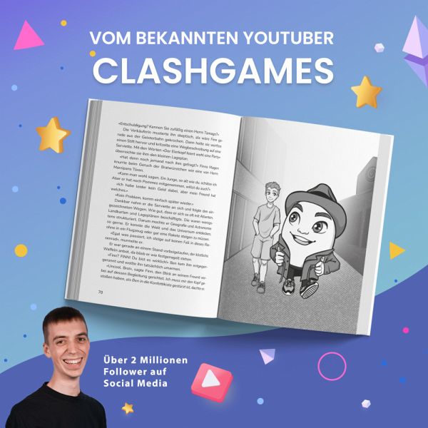 Blick ins ClashGames-Buch „Eierkopf – Spaßstadt in Gefahr“ mit geöffneter Doppelseite: Links ein Kapitel mit Text, rechts eine Schwarz-Weiß-Illustration von Clashi und einem Freund in einer Gasse. Darüber steht: „Vom bekannten YouTuber ClashGames“ – mit Hinweis auf über 2 Millionen Follower.