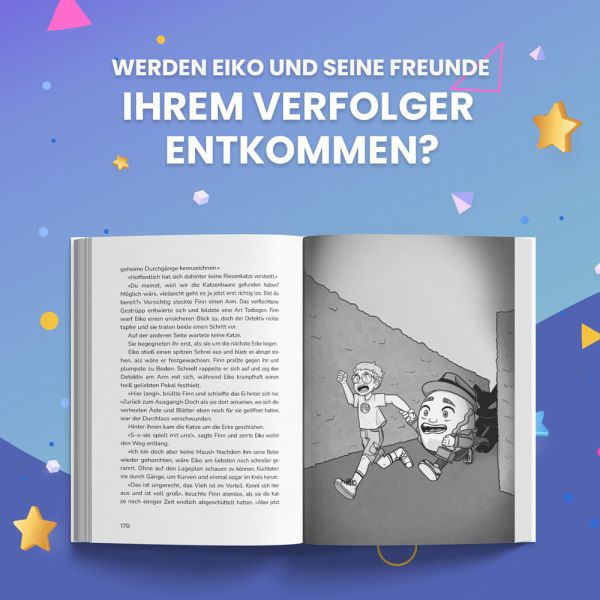 Offene Buchseite mit Text und Schwarz-Weiß-Illustration aus dem ClashGames-Buch „Eierkopf – Spaßstadt in Gefahr“: Clashi und ein Freund rennen durch eine dunkle Gasse, offenbar auf der Flucht. Darüber steht: „Werden Eiko und seine Freunde ihrem Verfolger entkommen?“ – Spannung pur für junge Leser:innen.