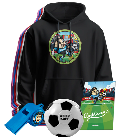 ClashGames #EIERKOPF Fußball Bundle 2026 Hoodie + Fußball (soft) + Trillerpfeife + Autogrammkarte