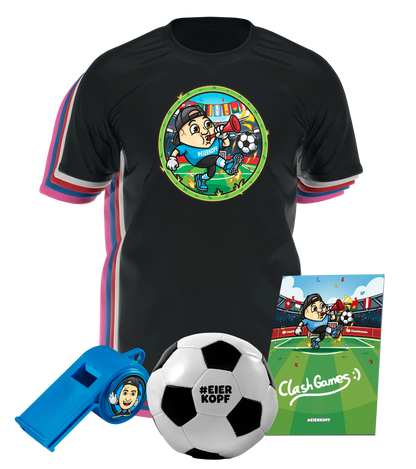 ClashGames #EIERKOPF Fußball Bundle 2026 T-Shirt + Fußball (soft) + Trillerpfeife + Autogrammkarte