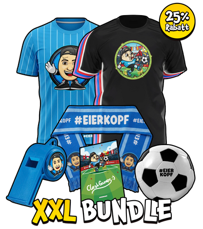 ClashGames #EIERKOPF XXL Fußball Bundle 2026 - T-Shirt + Trikot + Fanschal + Trillerpfeife + Autogrammkarte