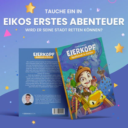 Werbegrafik zum ClashGames-Buch „Eierkopf – Spaßstadt in Gefahr“ mit Cover und Rückseite: Im Vordergrund das bunte Abenteuerbuch mit Clashi und Freunden in der Achterbahn, im Hintergrund die Buchbeschreibung inklusive Bild des Autors – ideal für junge Leseratten und Fans von ClashGames.