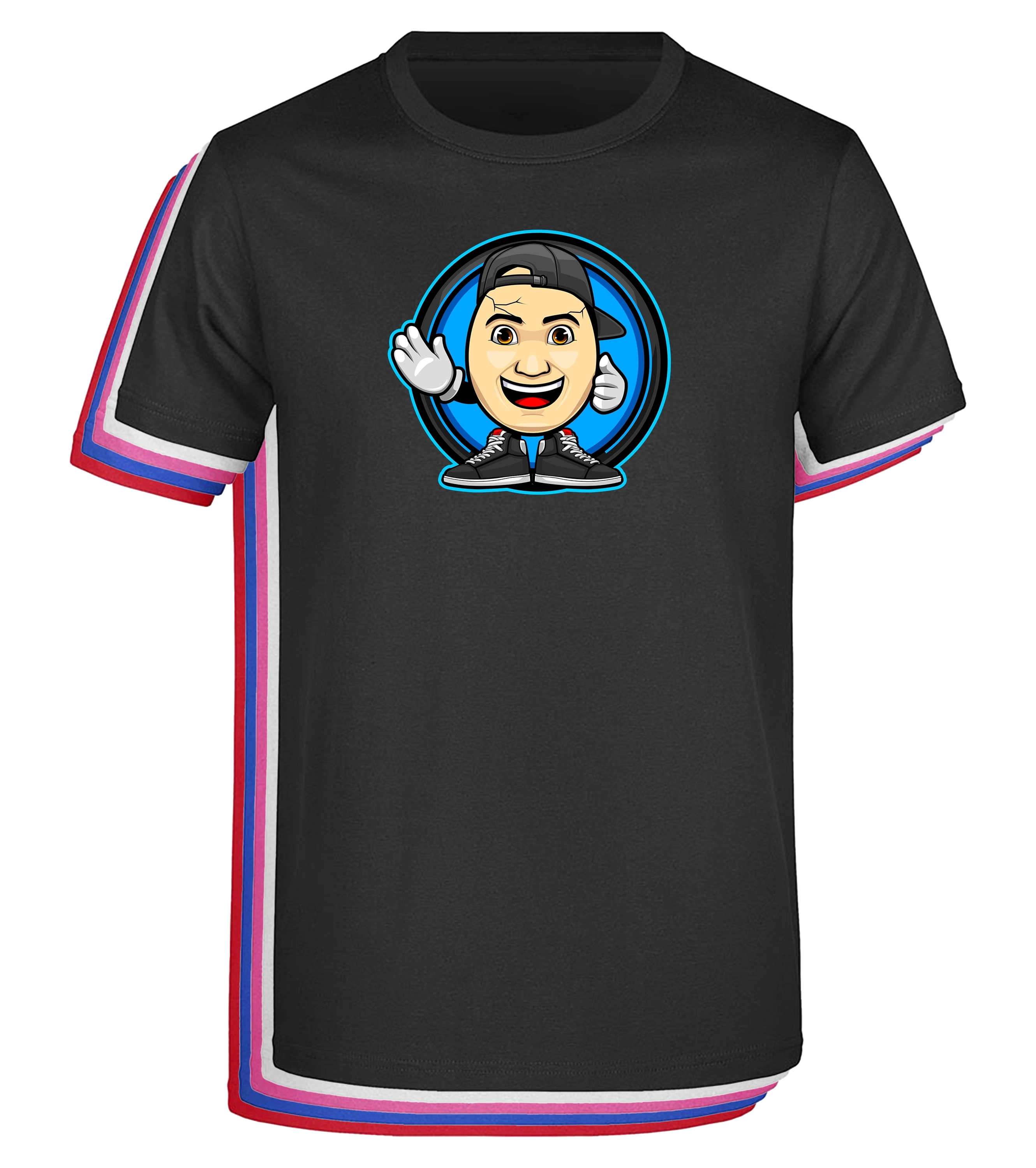 Schwarzes ClashGames T-Shirt mit großem Clashi-Motiv auf der Brust und stylischen rot-blau-weißen Streifen an Ärmeln und Saum – perfekt für Fans mit Statement.