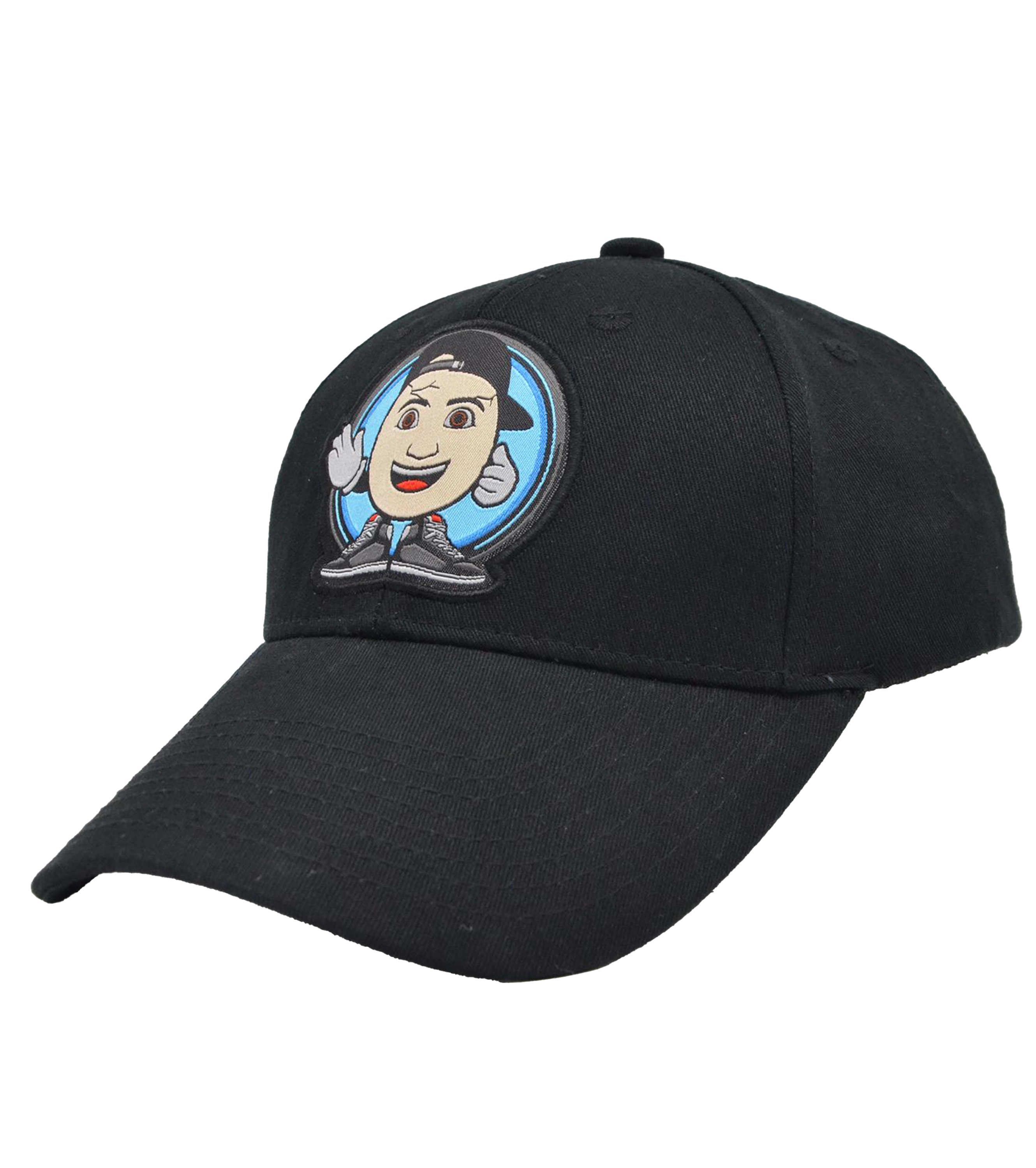 Schwarze Basecap mit ClashGames Cartoon-Logo – rundes Emblem mit lächelnder Figur, Basecap und Sneakers. Hochwertige Stickerei auf der Vorderseite, größenverstellbar und ideal als Fanartikel für Gamer.
