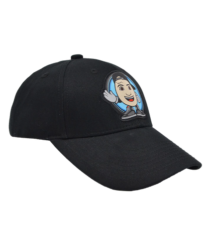 Schwarze Basecap mit ClashGames Cartoon-Logo – rundes Emblem mit fröhlicher Figur, Basecap und Sneakers. Gesticktes Motiv auf der Vorderseite, größenverstellbar und perfekter Fanartikel für Gamer.
