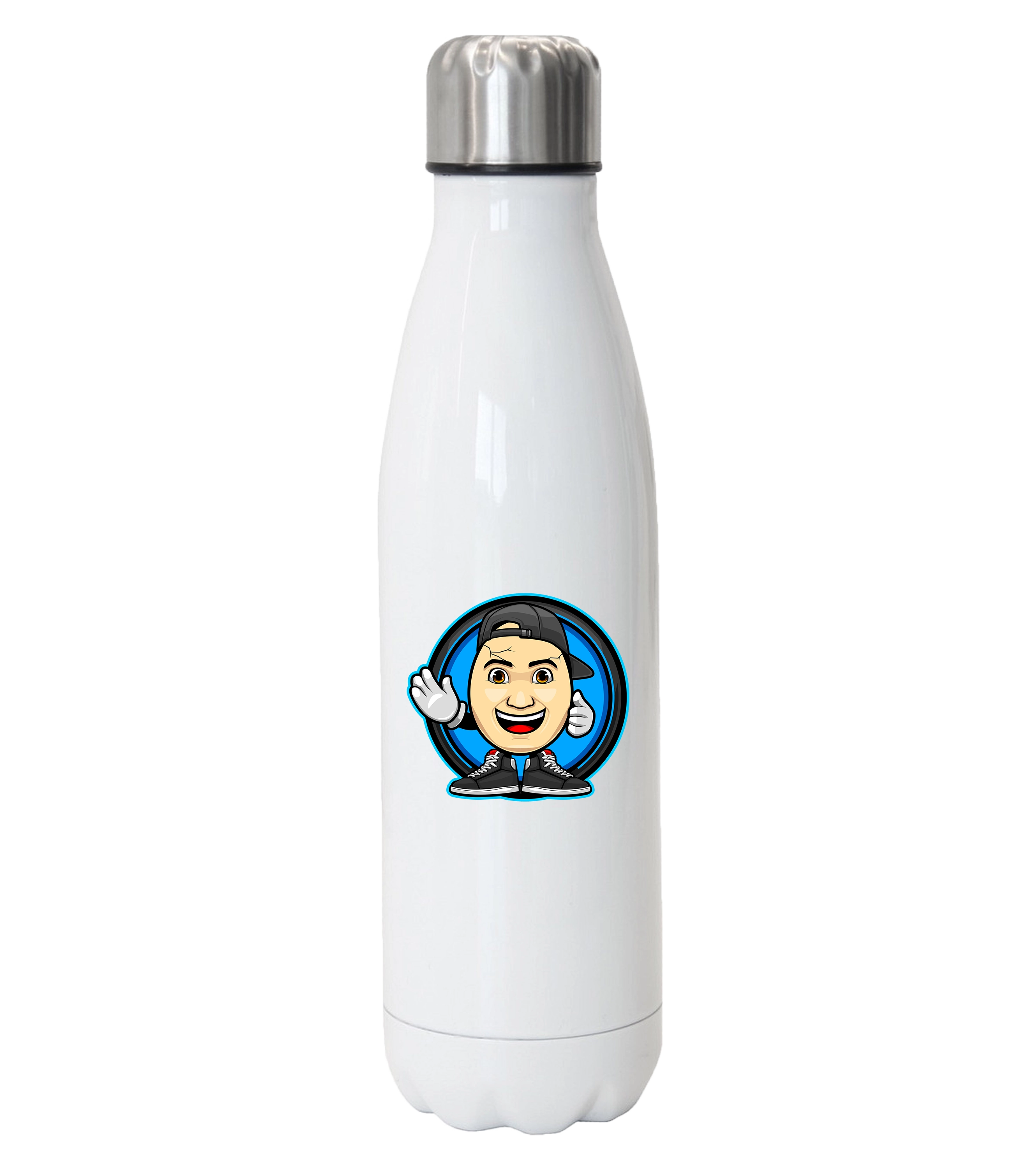 Weiße Thermosflasche mit dem ClashGames Logo – stylisches Design mit Cartoon-Figur im Kreis, Basecap und Sneakern. Die doppelwandige Flasche hält Getränke lange warm oder kalt und ist perfekt für Schule, Freizeit oder unterwegs.