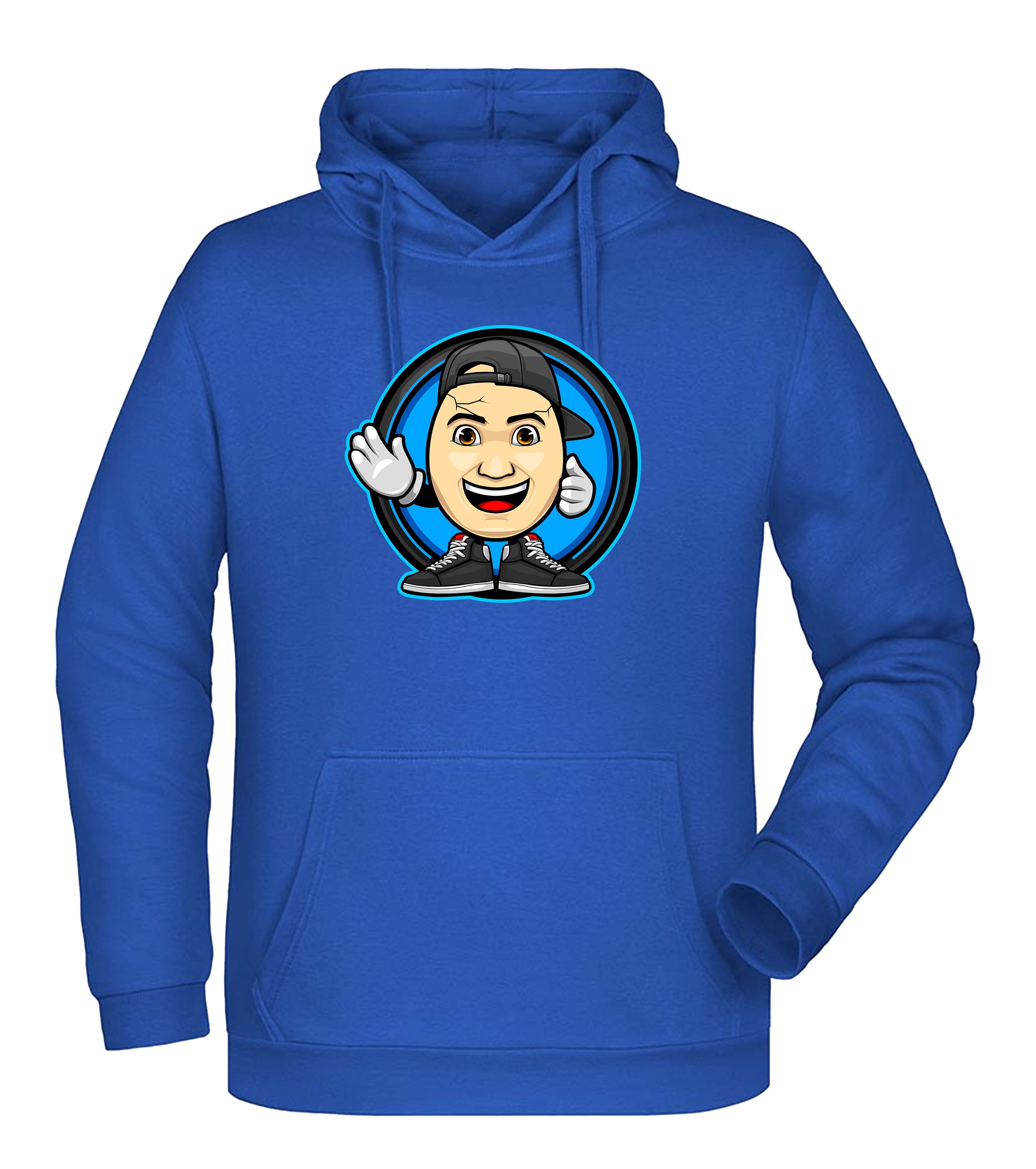 Blauer Hoodie mit großem Emote-Frontdesign von ClashGames, Cartoonkopf mit Basecap, Sneakers und Handschuhen vor blauem Kreis.