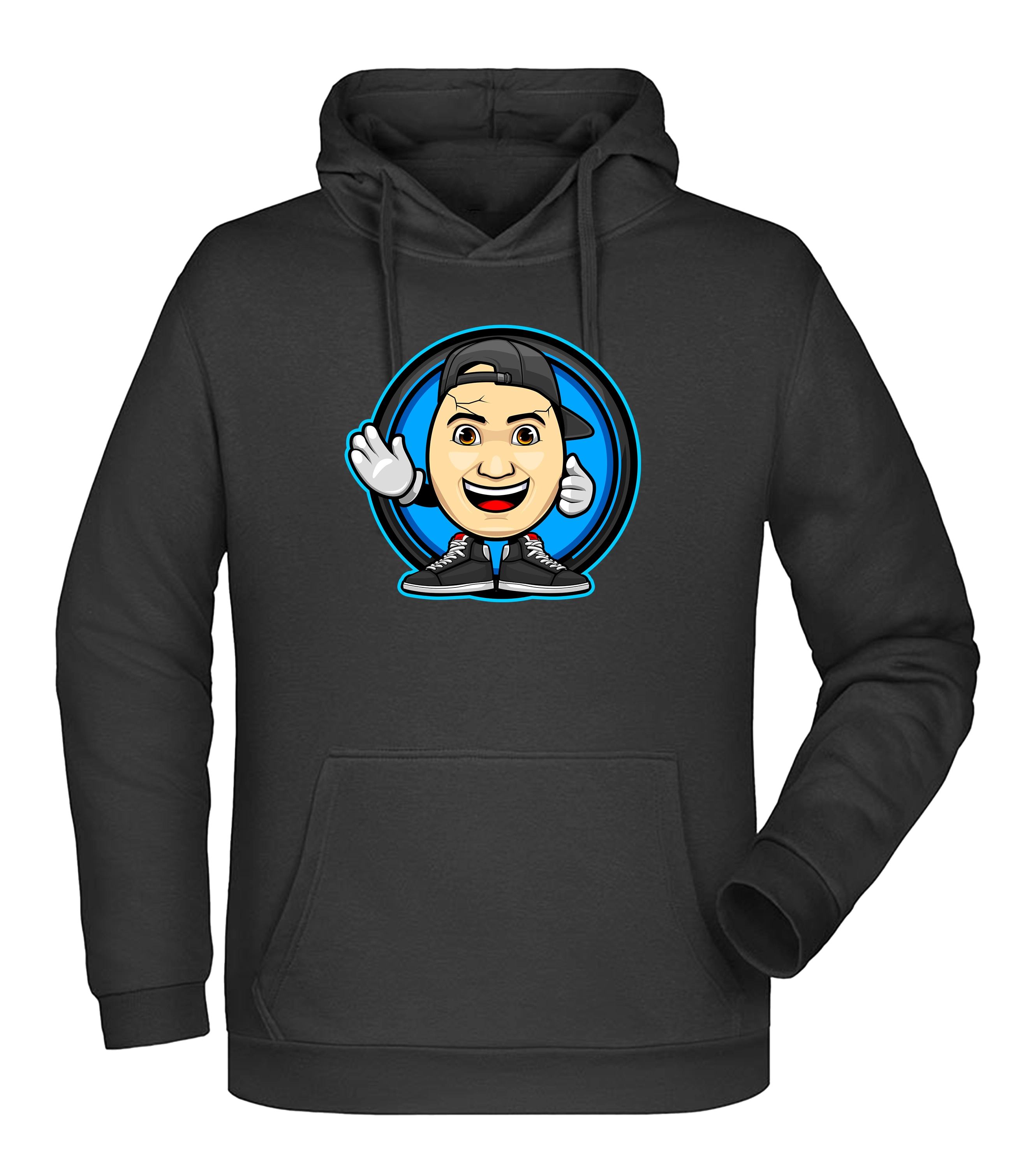 Alt-Text: Schwarzer Hoodie mit großem Emote-Frontdesign von ClashGames, Cartoonkopf mit Basecap, Sneakers und Handschuhen vor blauem Kreis.