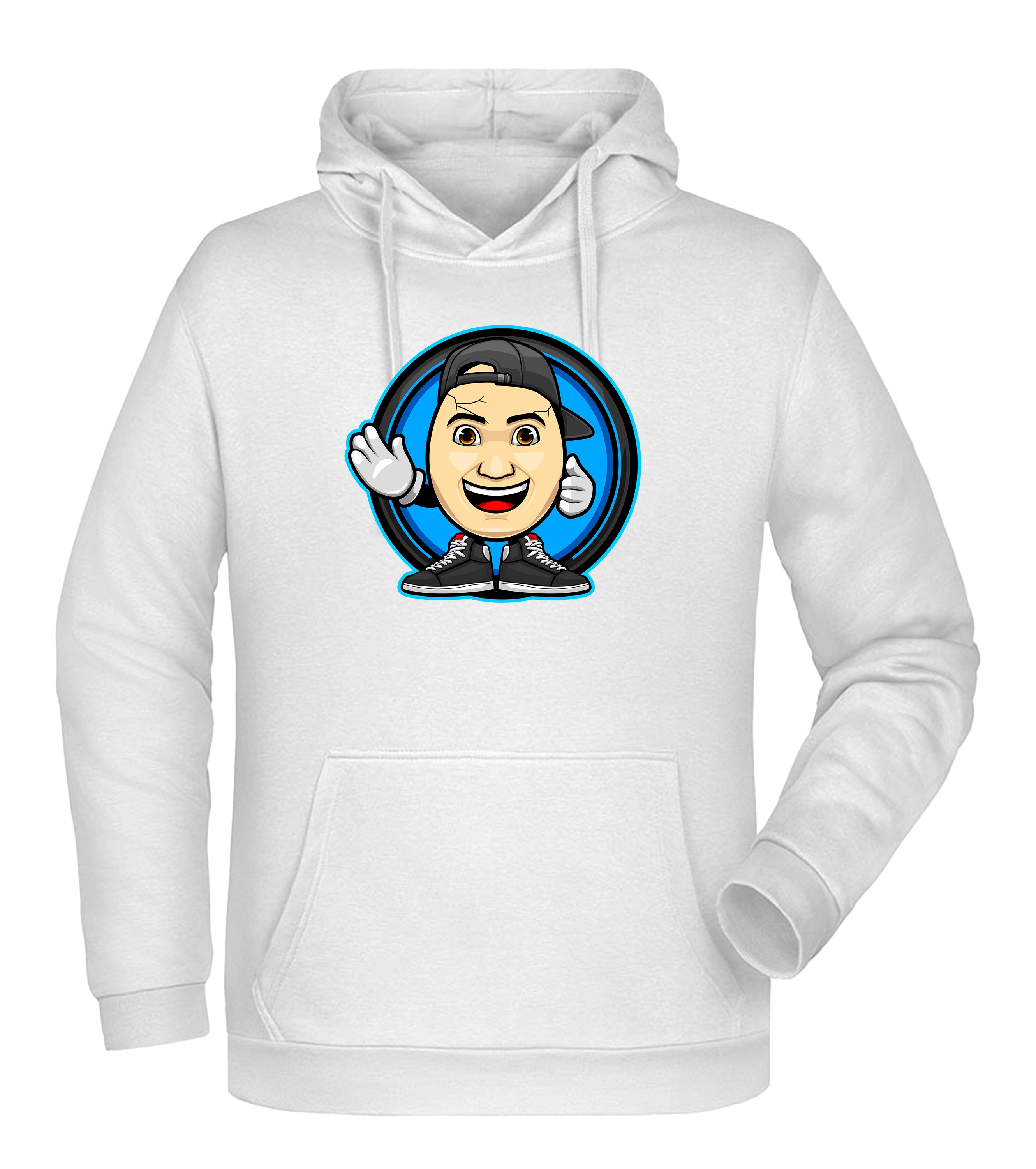 Weißer Hoodie mit großem Emote-Frontdesign von ClashGames, Cartoonkopf mit Basecap, Sneakers und Handschuhen vor blauem Kreis.