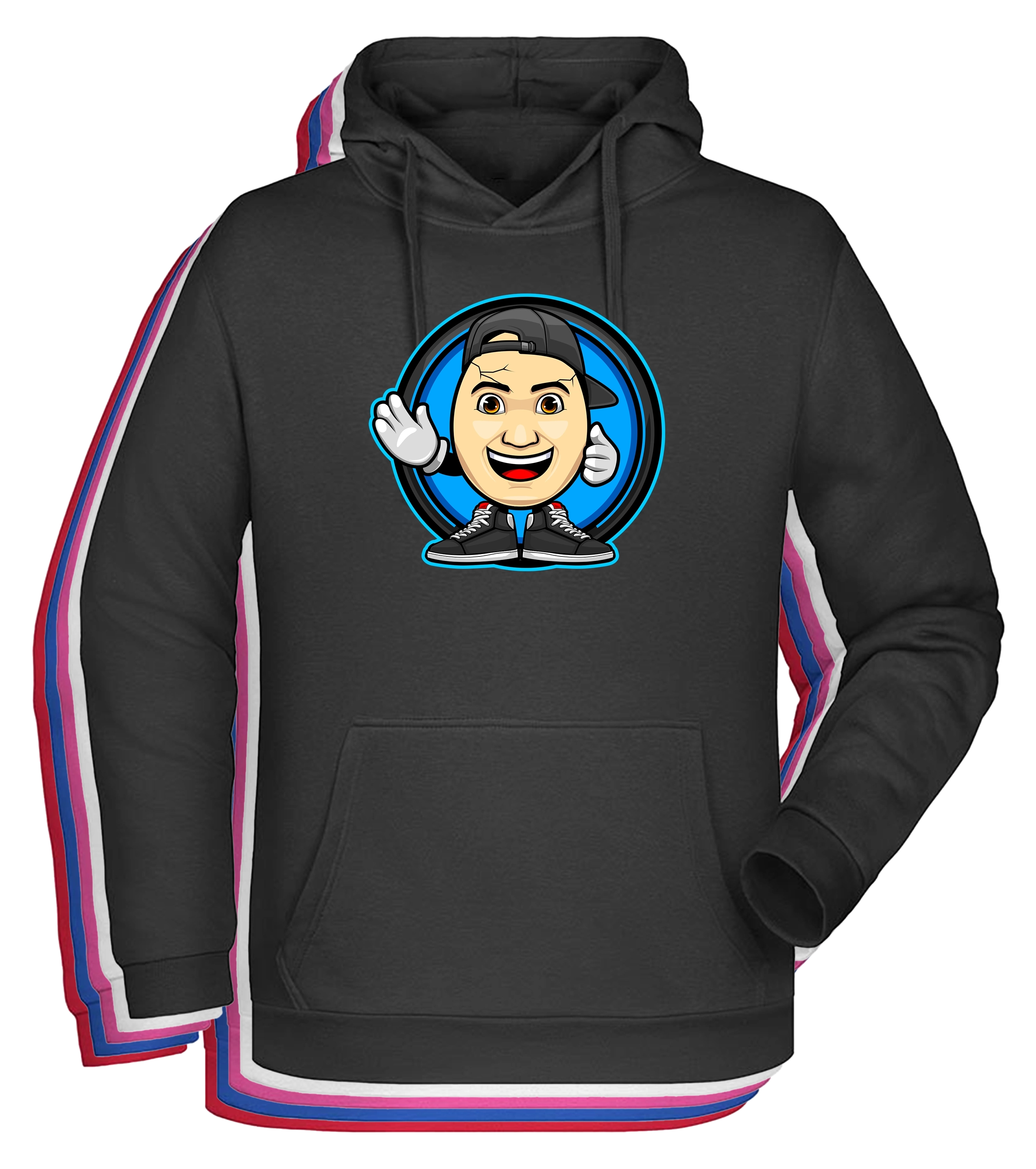 Schwarzer Kapuzensweater mit großem bunten Emote-Design von ClashGames auf der Vorderseite, Cartoonfigur mit Cap, Sneakers und weißen Handschuhen.