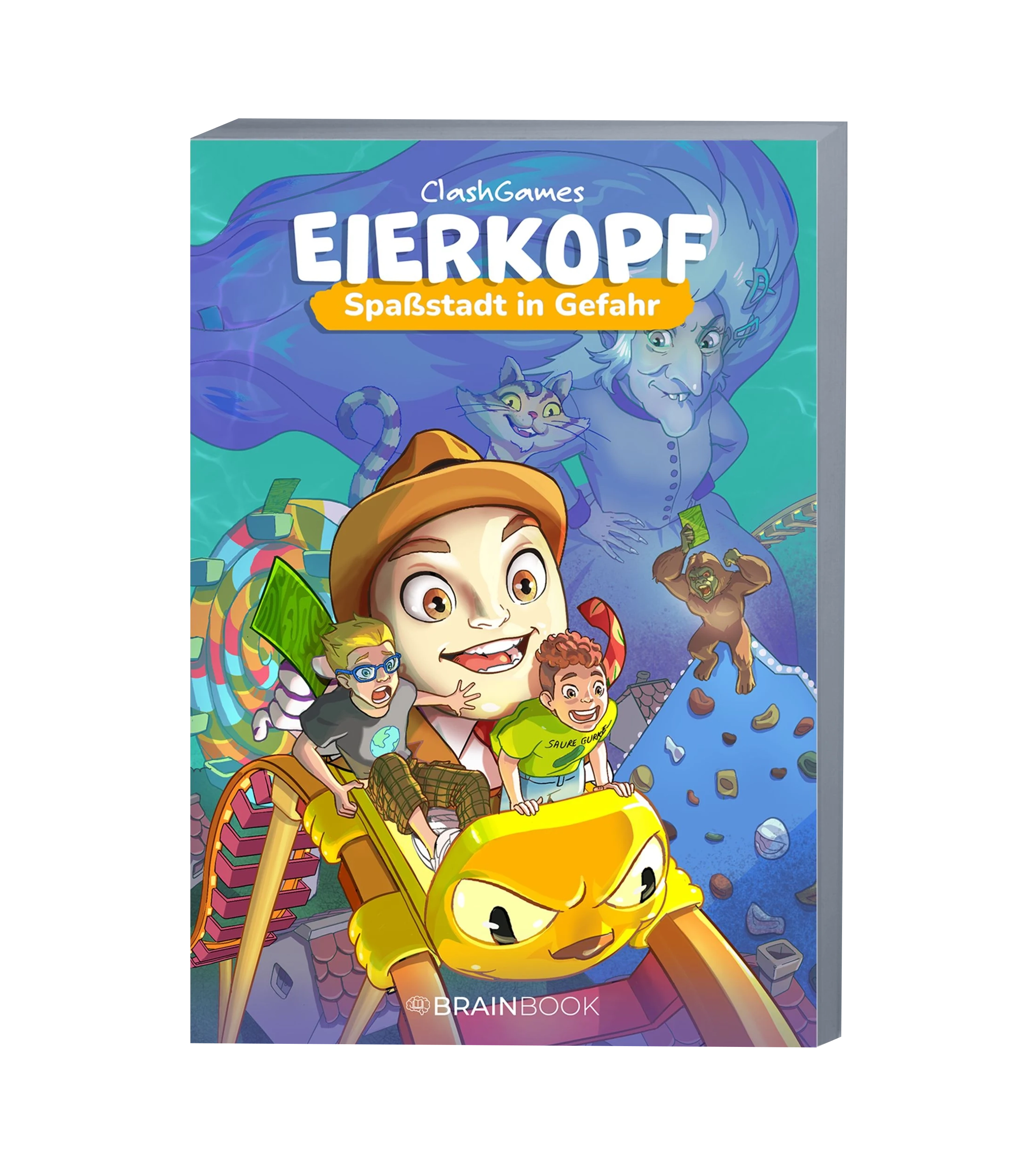 Bunt illustriertes Kinderbuch von ClashGames mit dem Titel „Eierkopf – Spaßstadt in Gefahr“: Abenteuerliches Cover mit Achterbahn, Fantasiefiguren und dem Helden Clashi im Vordergrund – veröffentlicht bei BRAINBOOK.